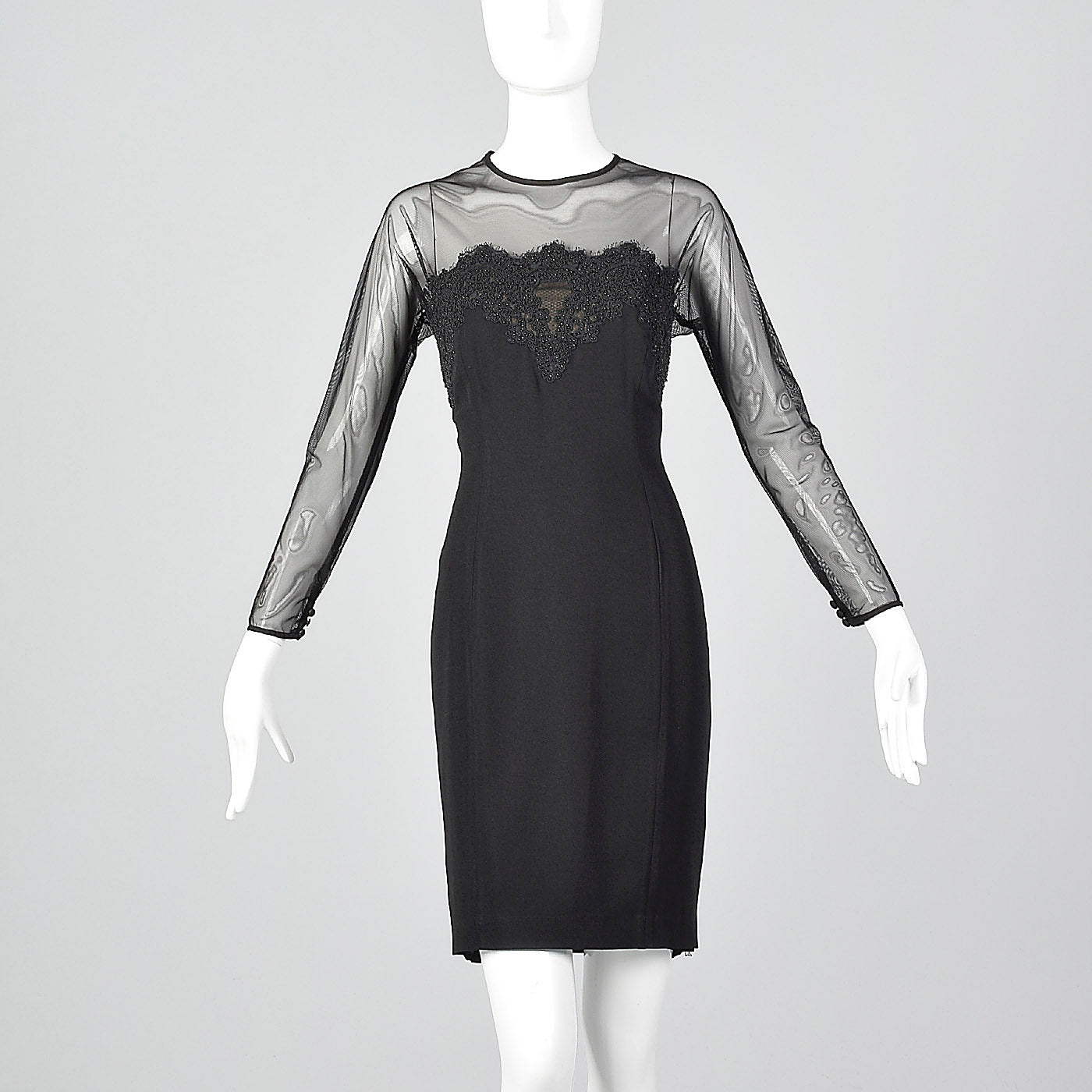 1990s Carmen Marc Valvo Black Dress with Illusion Neckline