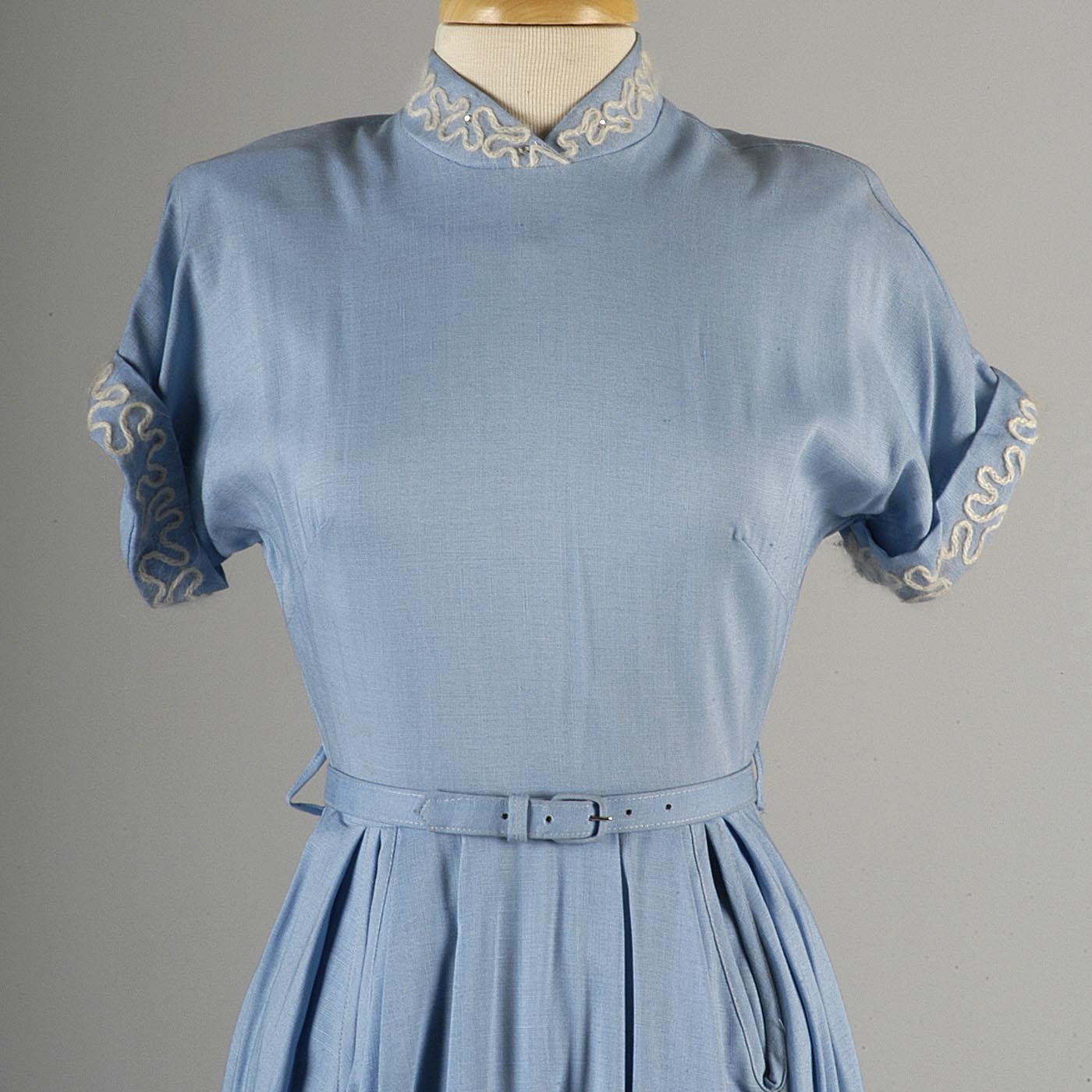 1950s Blue Short Sleeve Dress with Mohair Details