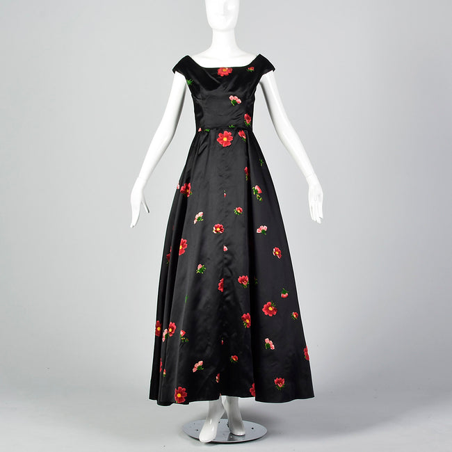 1950s Hattie Carnegie Black Gown with Flocked Flowers