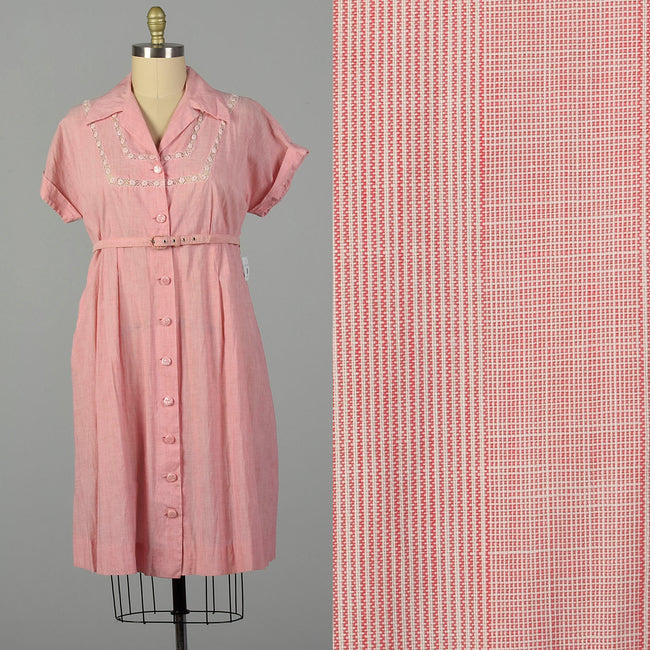 XXL 1950s Day Dress Pink Striped Lightweight Embroidered Belted Summer Short Sleeve