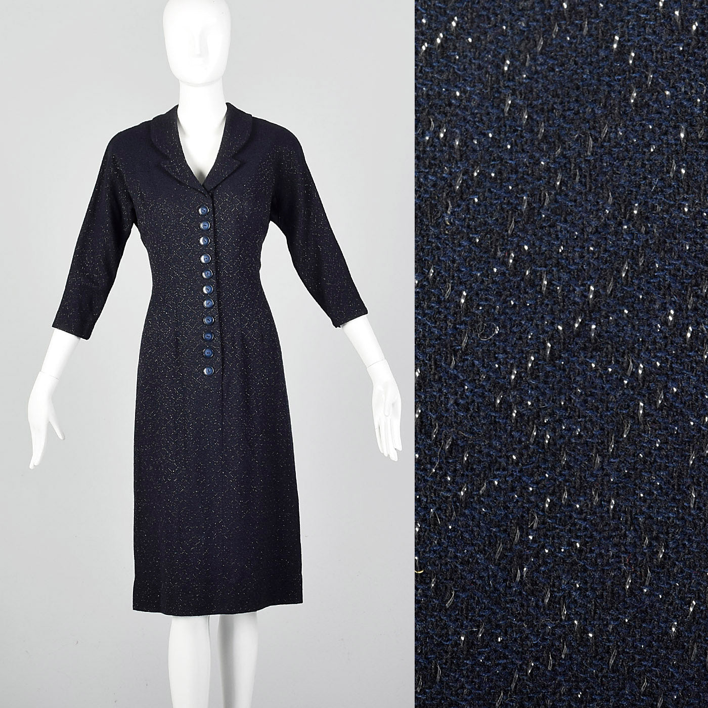 1950s Navy Blue Dress with Silver Glitter Textile
