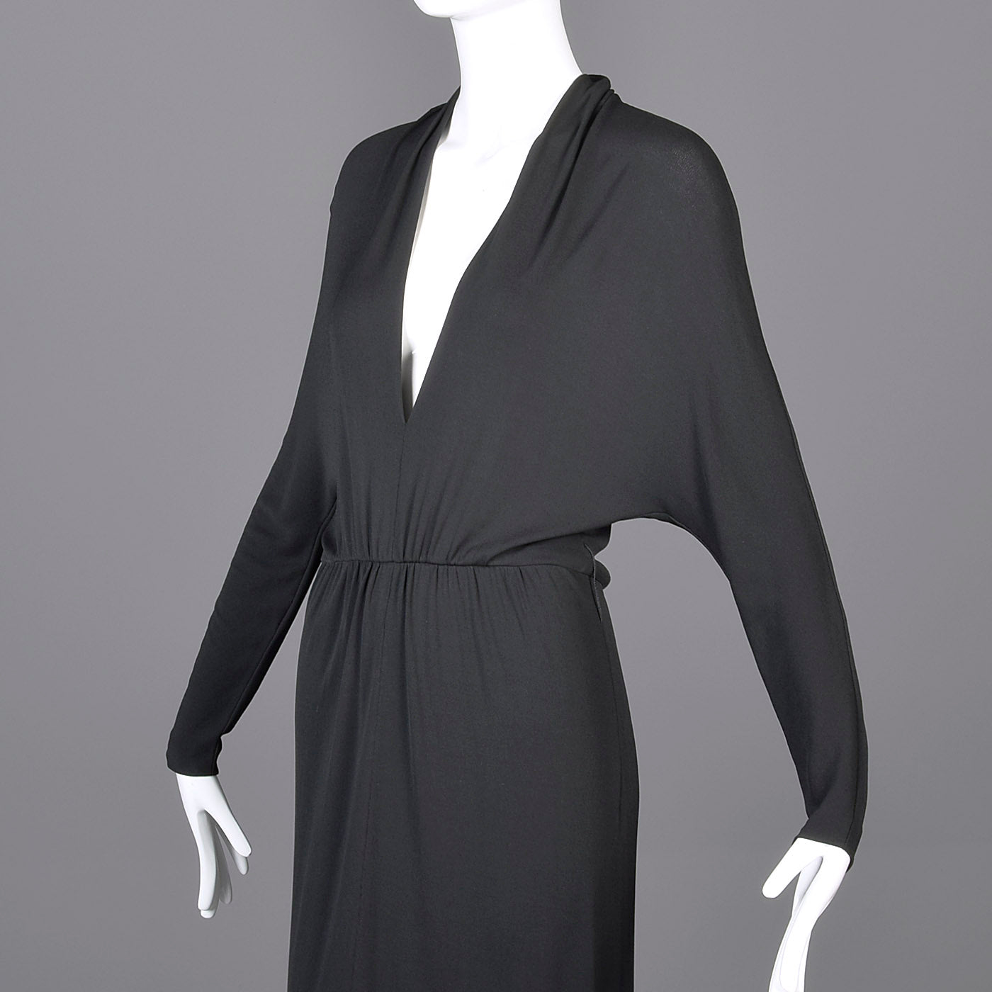 Extraordinary 1970s Bill Tice for Malcolm Starr Black Evening Gown with Plunging Neckline