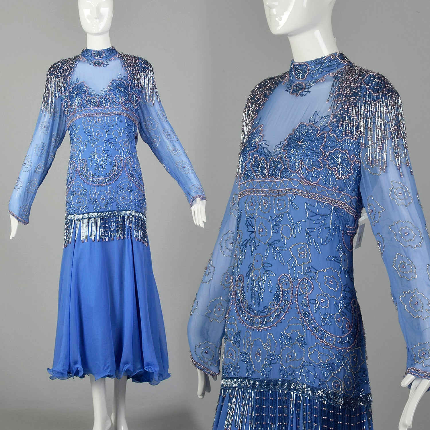 1980s Blue Silk Evening Gown Beaded Formal Dress Modest Drop Waist
