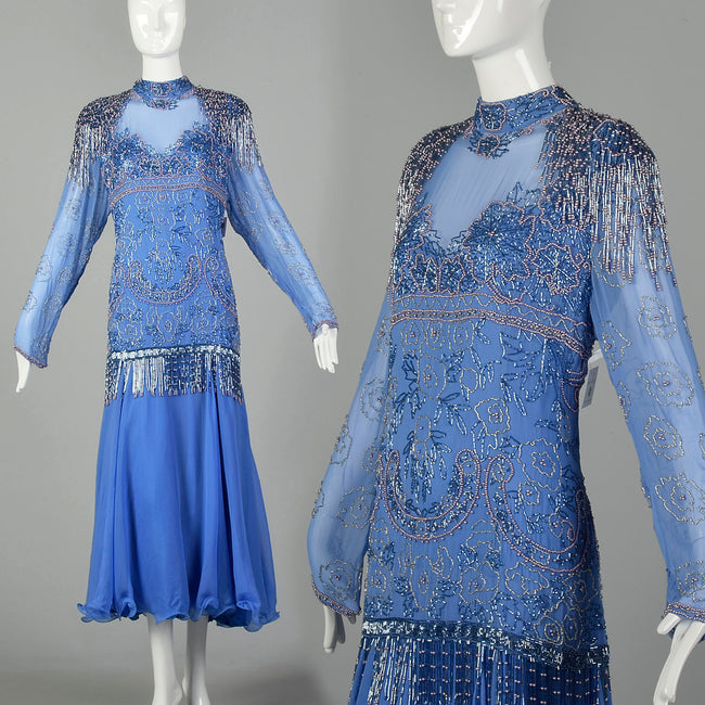 1980s Blue Silk Evening Gown Beaded Formal Dress Modest Drop Waist