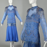 1980s Blue Silk Evening Gown Beaded Formal Dress Modest Drop Waist