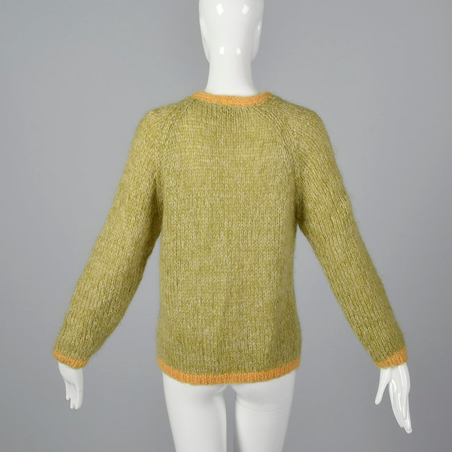 1950s Green Mohair Cardigan with Yellow Trim