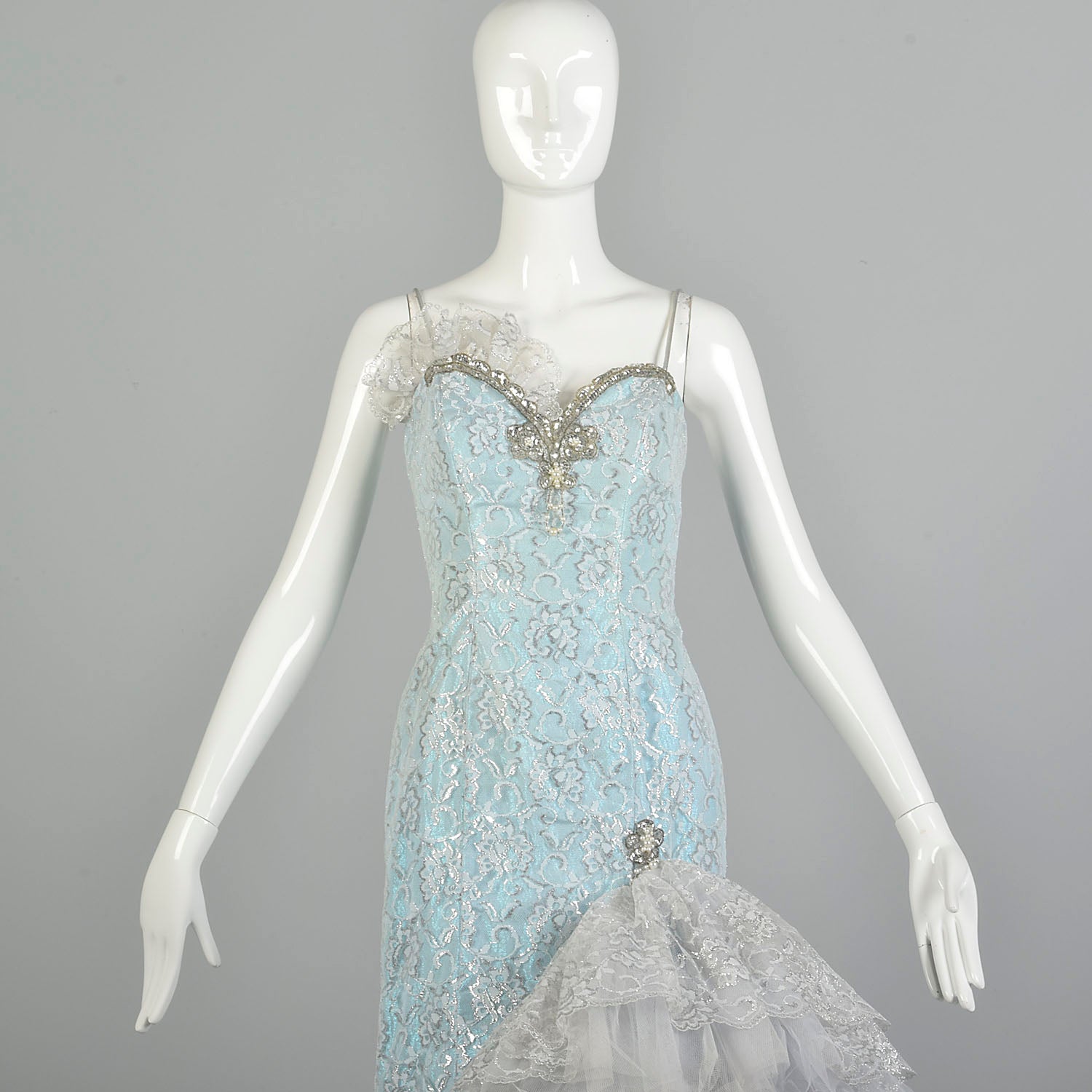 Small 1980s Blue Silver Sleeveless Layered Lace Asymmetric Calypso Mermaid Prom Dress