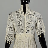 XS 1910s Cotton Lace Dress Pom Pom Fringe Cotton Lace Gauze