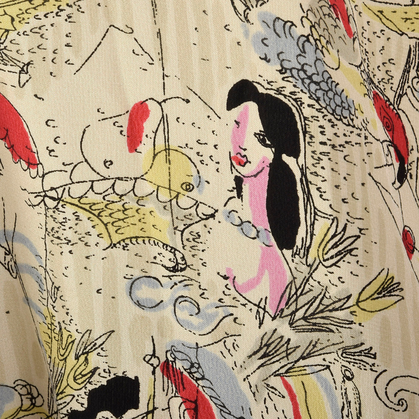 1940s Novelty Print Silk Dress with Neck Tie