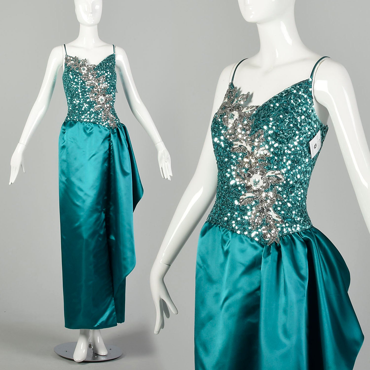 Small 1980s Mike Benet Teal Sequin Maxi Gown Formal