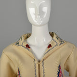 XS 1940s Souvenir Jacket Novelty Asian Dragon Chain Stitch Embroidery Cream Wool