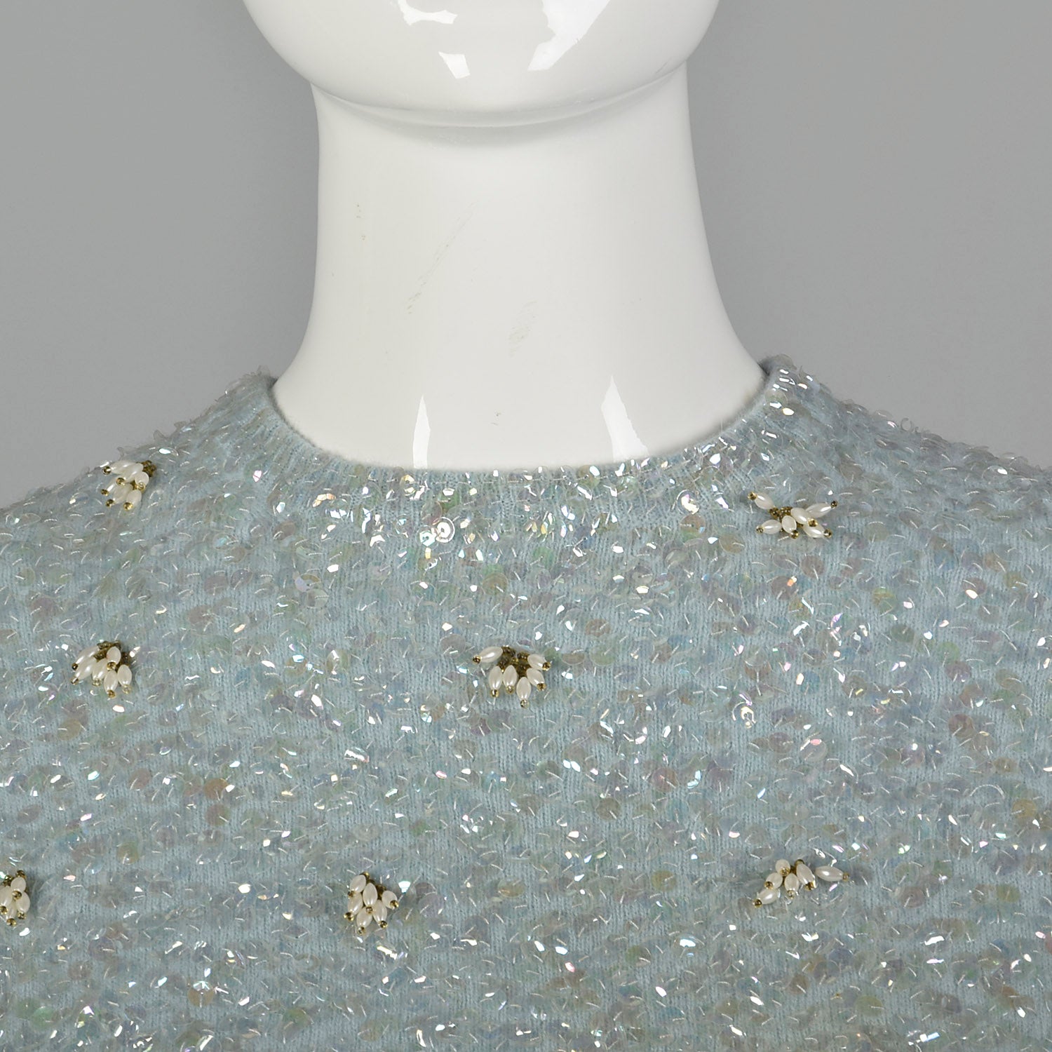 XS 1960s Fully Beaded and Sequined Blue Sweater
