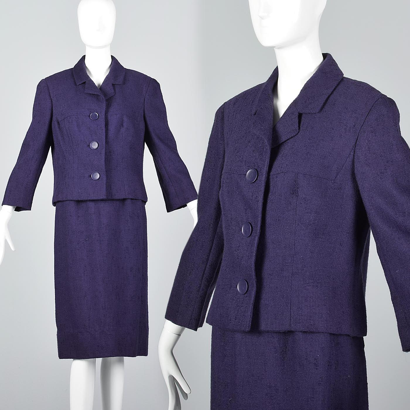 1960s Dark Purple Tweed Skirt and Jacket Set