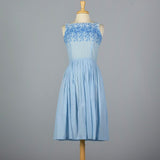 1950s Blue Cotton Day Dress with Embroidered Bodice