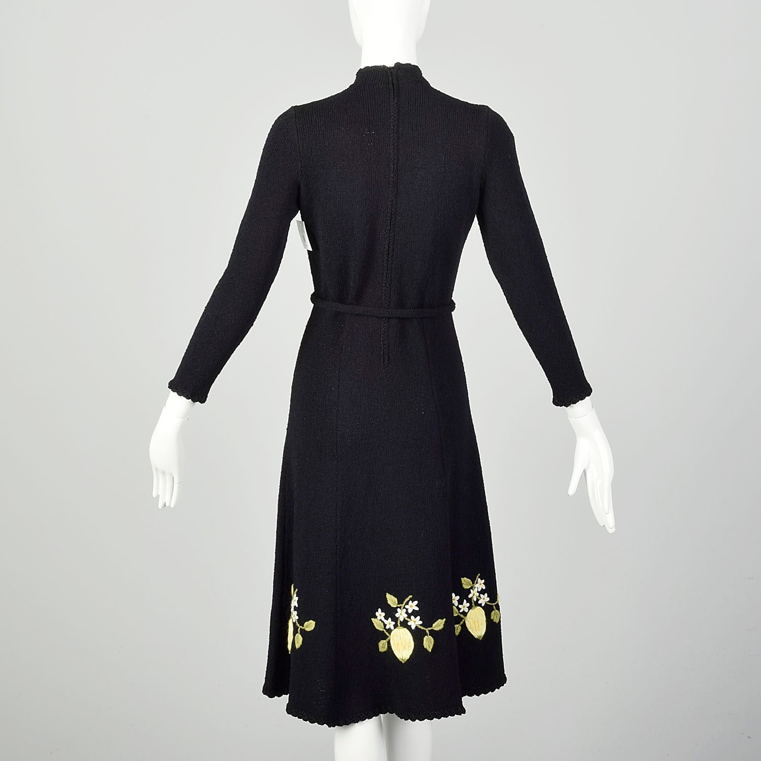 Medium 1970s Black Dress Yellow Floral Embroidery Long Sleeve Tie Waist Knit
