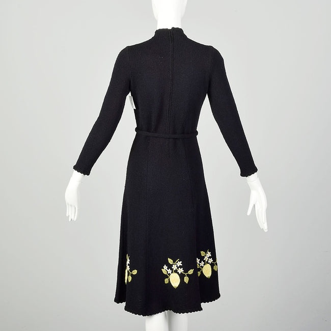 Medium 1970s Black Dress Yellow Floral Embroidery Long Sleeve Tie Waist Knit