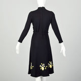 Medium 1970s Black Dress Yellow Floral Embroidery Long Sleeve Tie Waist Knit