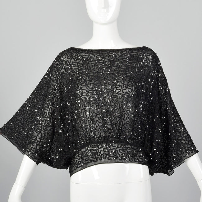 1990s Black Beaded Batwing Top