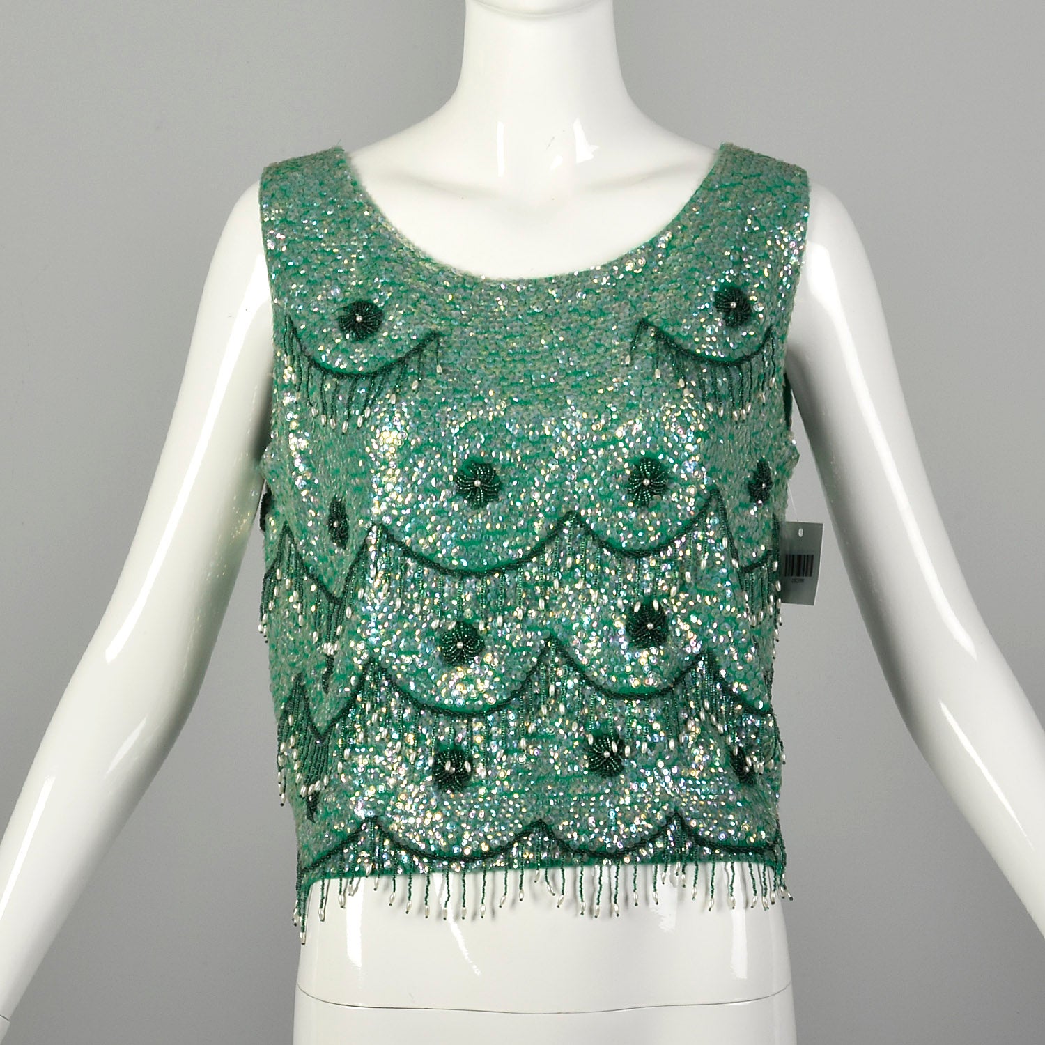 Medium 1960s Top Sleeveless Sequin Green Beaded Cocktail Evening Shirt