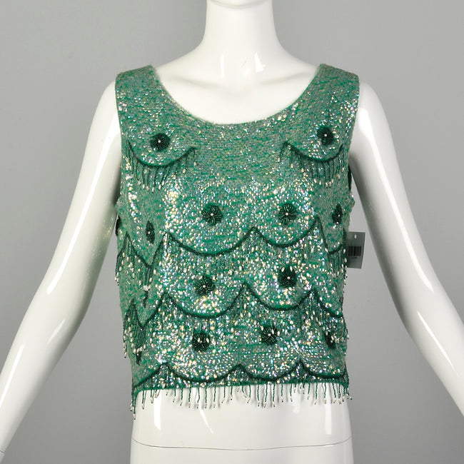 Medium 1960s Top Sleeveless Sequin Green Beaded Cocktail Evening Shirt
