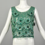 Medium 1960s Top Sleeveless Sequin Green Beaded Cocktail Evening Shirt