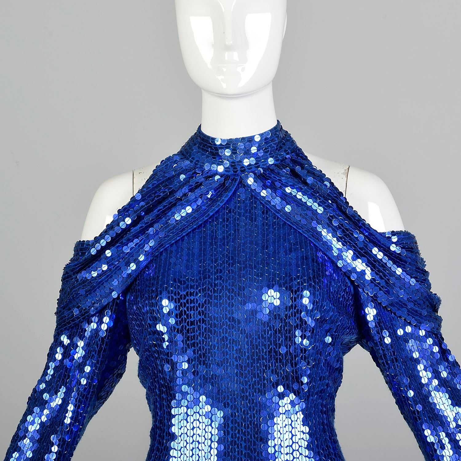 Small 1990s Blue Sequin Body Con Party Dress Long Sleeve Mini Dress Cold Shoulder Dress