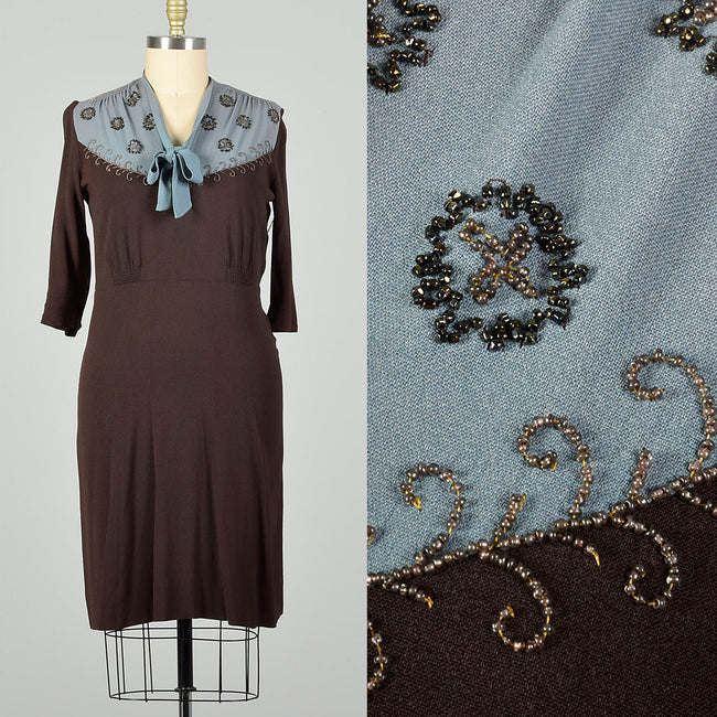 XL 1940s Dress Blue and Brown Volup Rayon with Beading