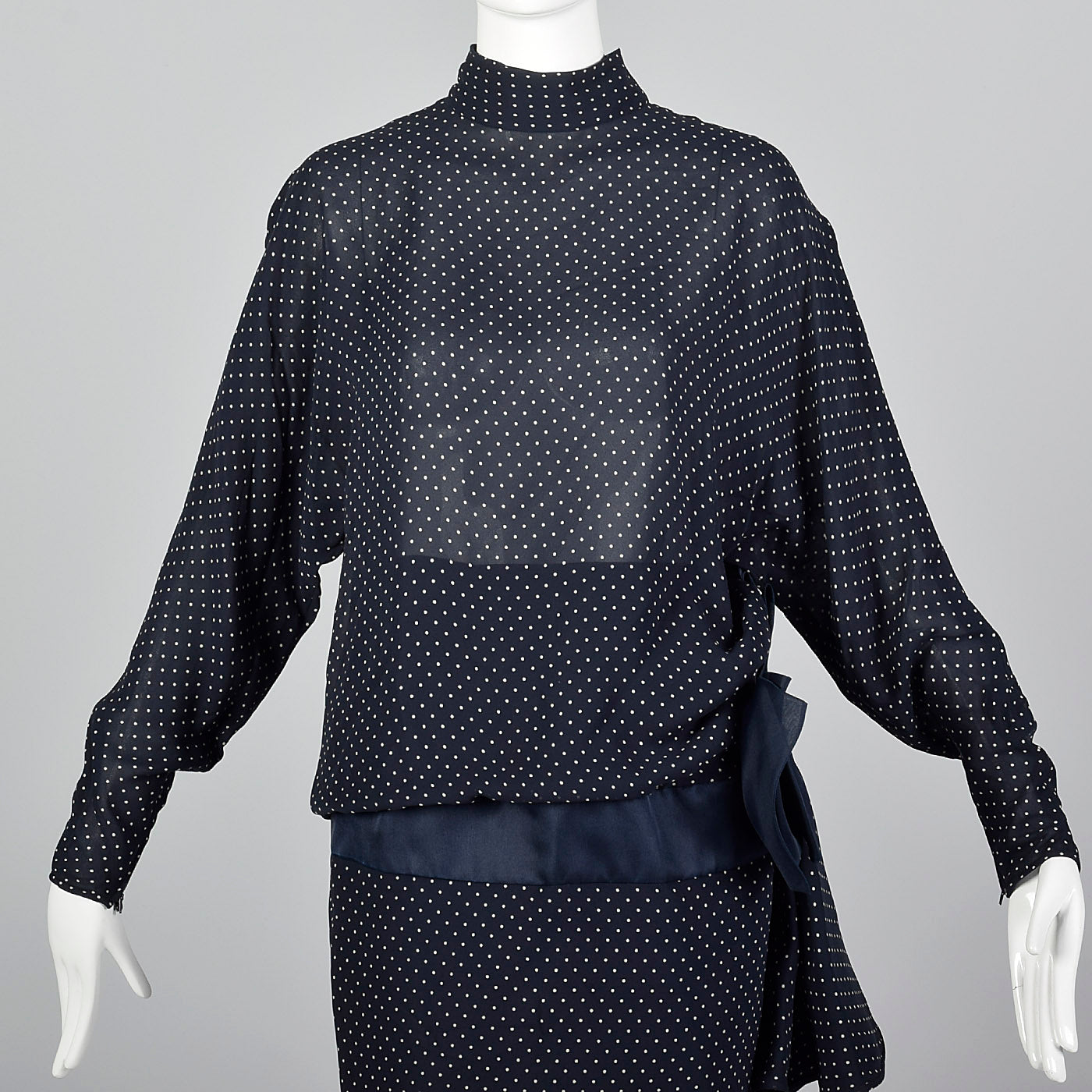1980s Valentino Night Navy Silk Dress with Swiss Dot Print