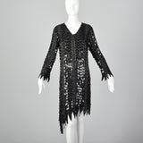 1970s Frank Usher Black Beaded Silk Dress