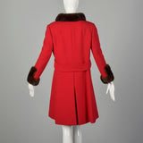 XS 1960s Mink Fur Trim Red Winter Coat Mod Double Breasted A-Line