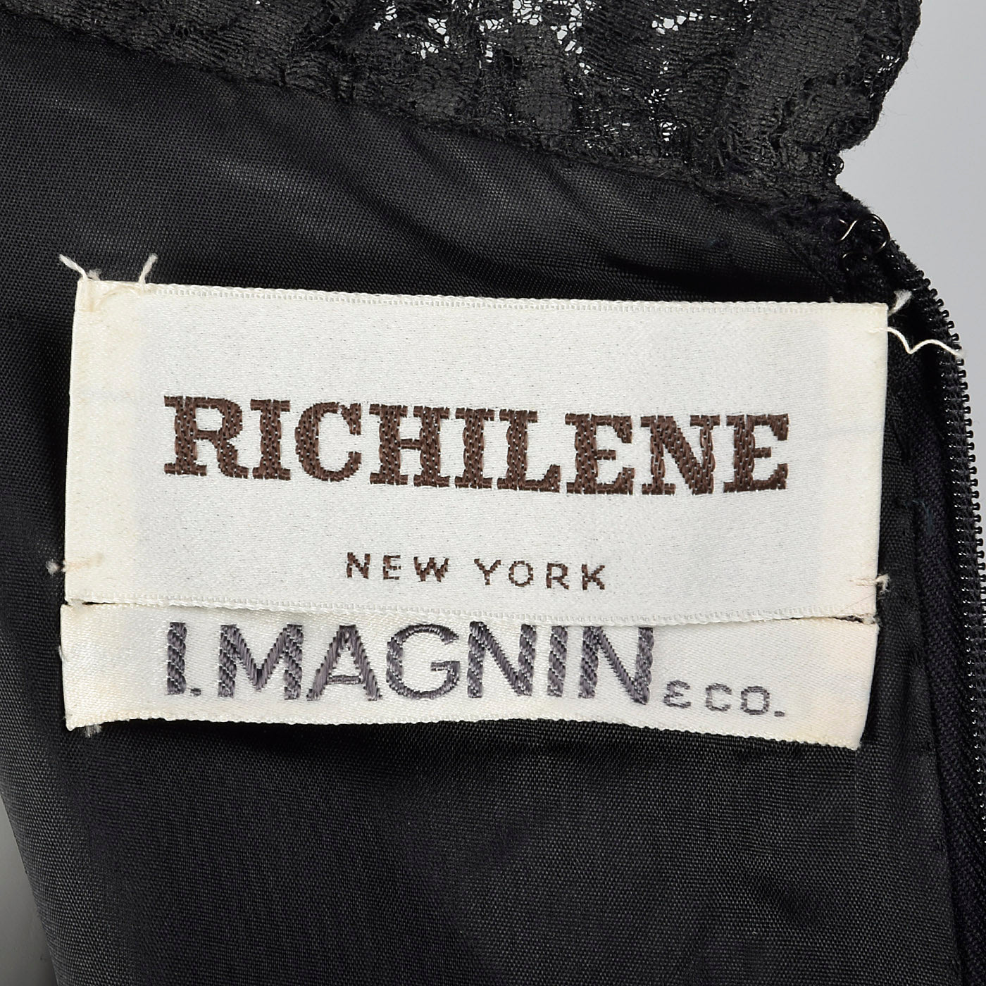 1970s Richilene Black Velvet Evening Dress with Lace Trim
