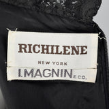 1970s Richilene Black Velvet Evening Dress with Lace Trim