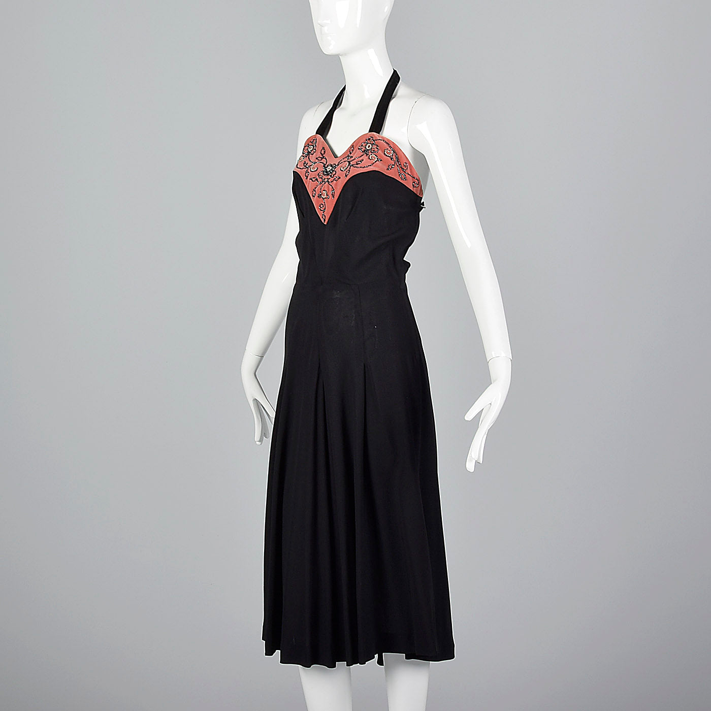 1930s Black Halter Dress with Pink Velvet Neckline