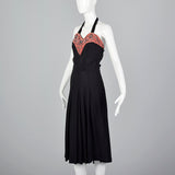 1930s Black Halter Dress with Pink Velvet Neckline