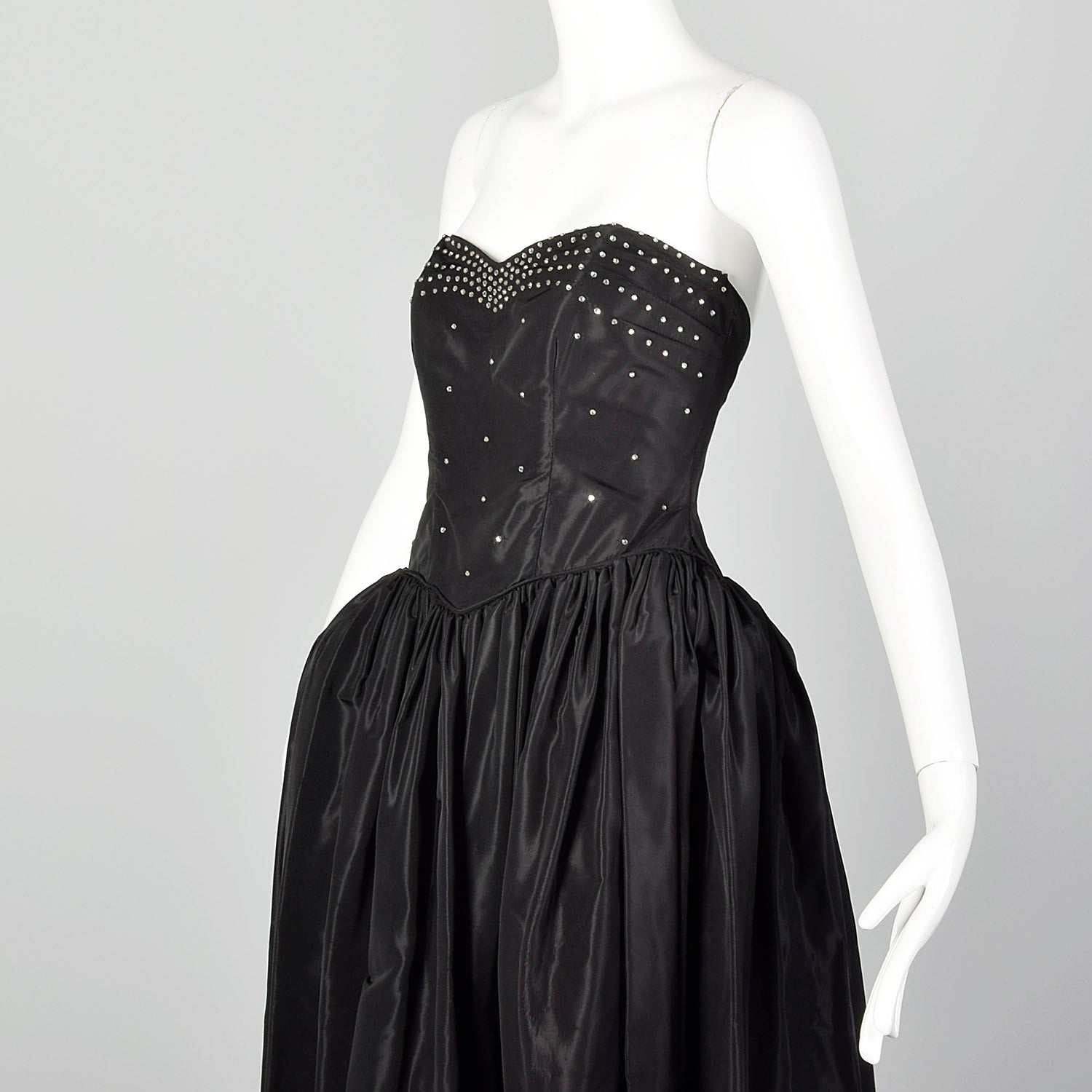 XXS 1940s Black Taffeta Evening Gown Formal Party Dress with Panniers and Rhinestone Studded Bodice