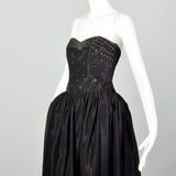XXS 1940s Black Taffeta Evening Gown Formal Party Dress with Panniers and Rhinestone Studded Bodice