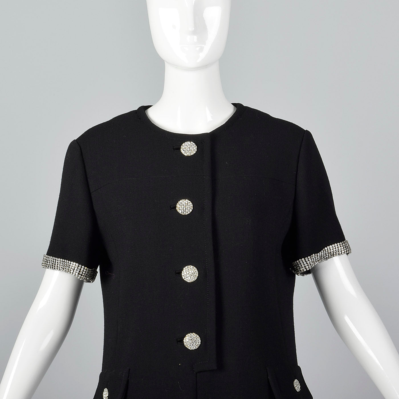 1960s Black Wool Dress with Rhinestone Trim