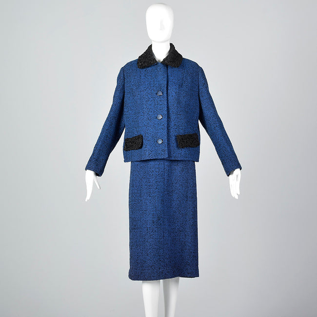 1960s Blue Tweed Skirt Suit with Persian Lamb Trim