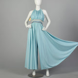 XXS 1960s Jumpsuit Baby Blue Palazzo Wide Leg Pants Halter Top Beaded Evening
