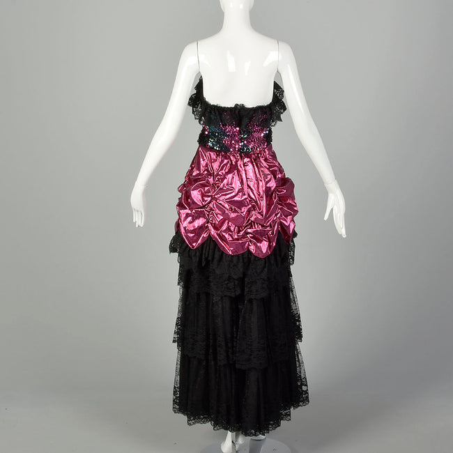 1980s Pink Prom Dress Saloon Girl Strapless Lame Gown Black Lace Sequins
