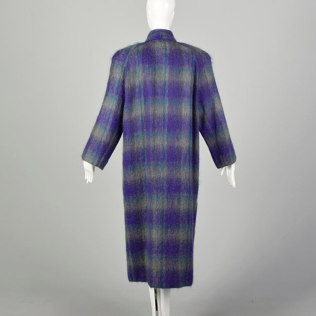 Large 1980s Coat Colorful Purple Plaid Striped Soft Mohair Winter Outerwear Maxi