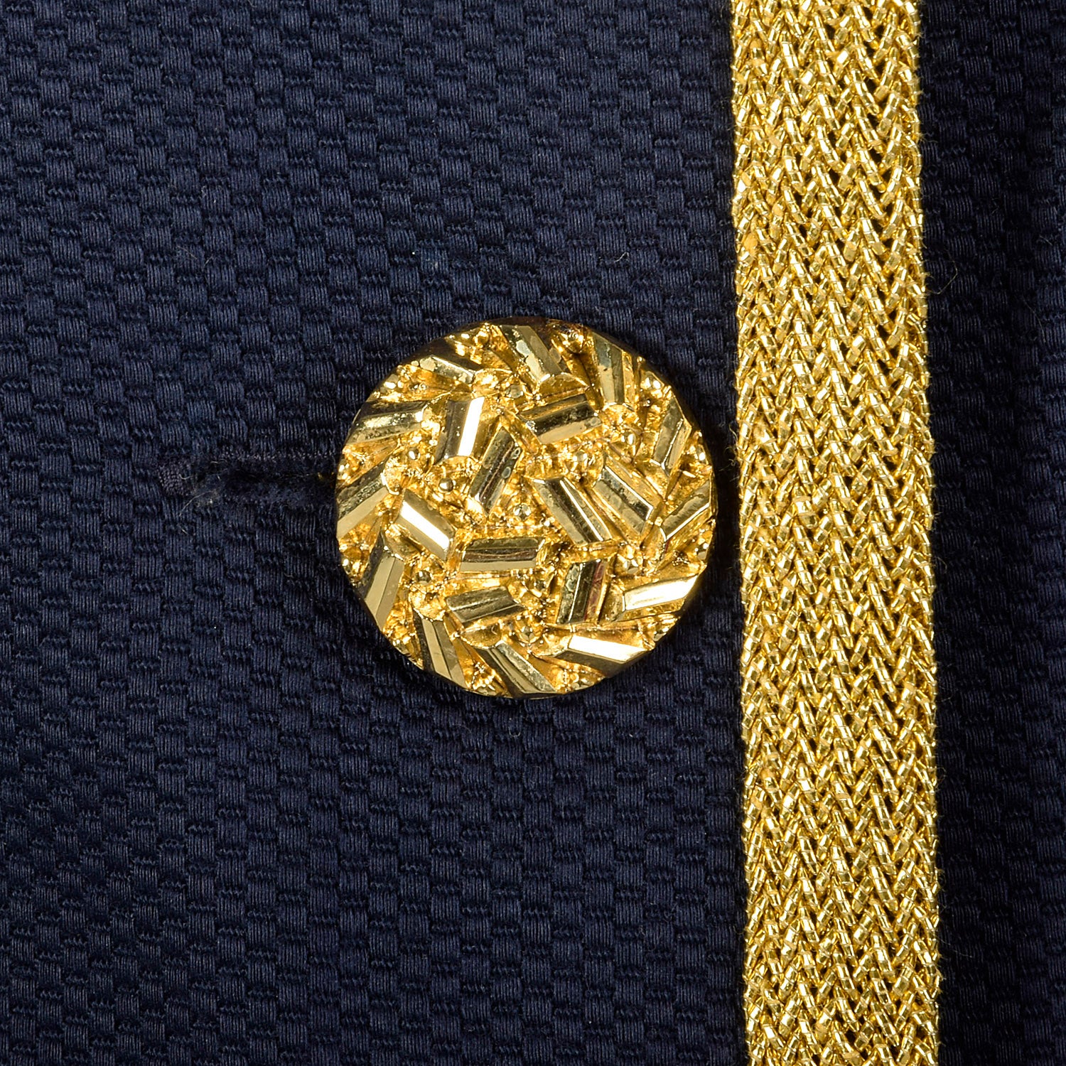 1980s Bill Blass Navy Dress with Gold Tone Metal Braided Trim