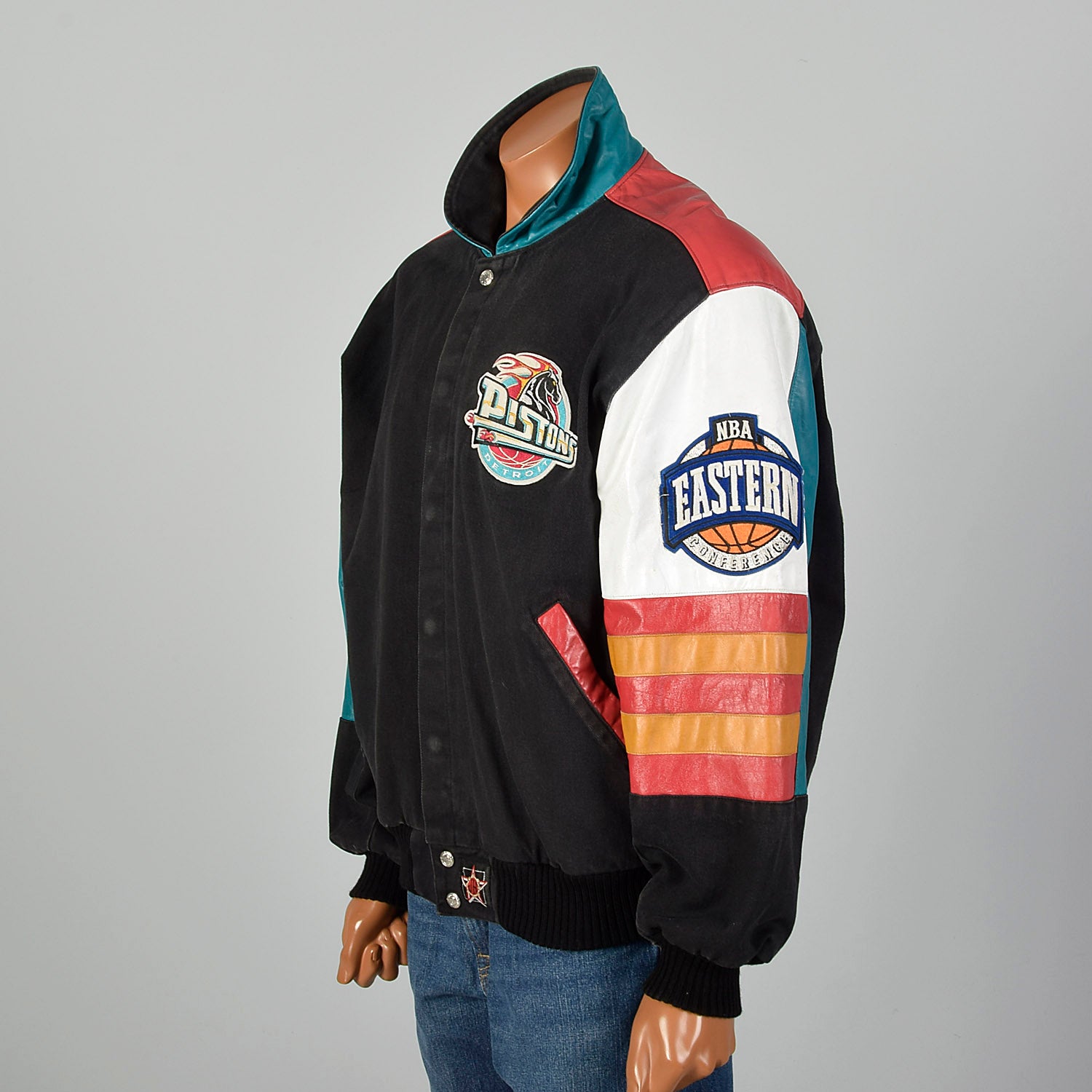 Large Jeff Hamilton 1990s Black Denim and Leather Detroit Pistons Jacket