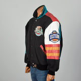 Large Jeff Hamilton 1990s Black Denim and Leather Detroit Pistons Jacket