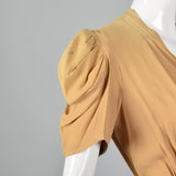 1940s Tan Rayon Crepe Dress with Full Flower Corsage