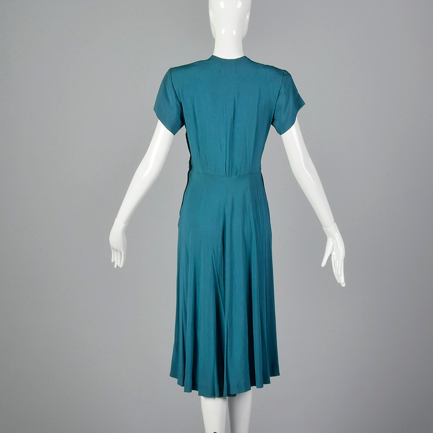 1940s Teal Rayon Dress with Neck Tie