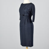1950s Navy Blue Silk Dress with Mother of Pearl Buttons