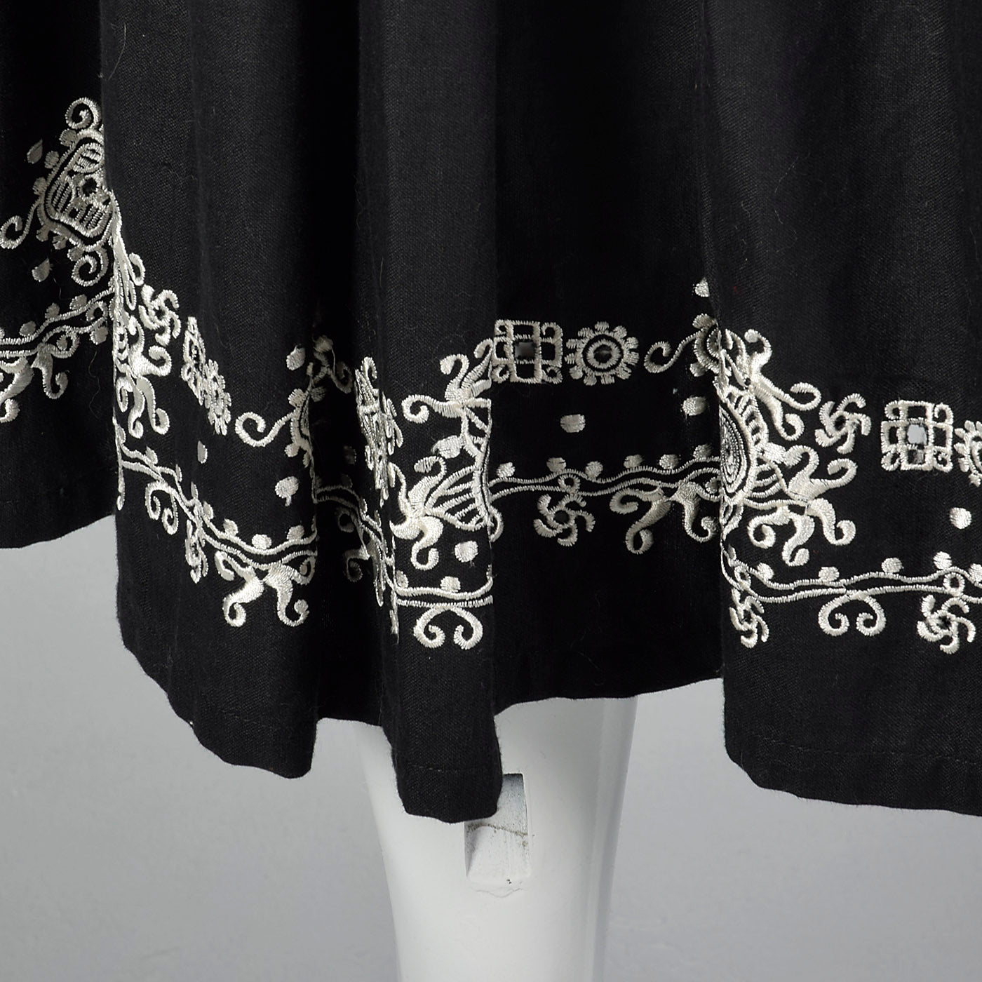 1990s Anne Klein A Line Black Skirt with Embroidered Border