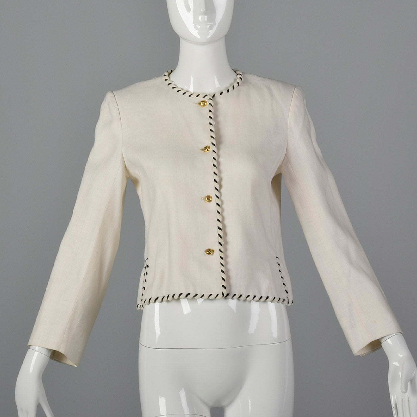 Chanel White Linen Jacket with Gold Logo Buttons and Black & White Trim