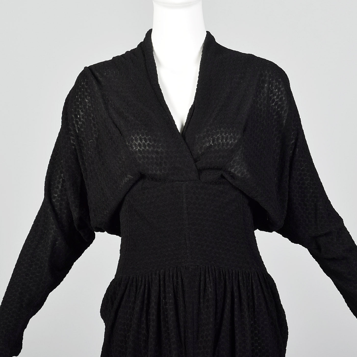 1950s Black Dolman Sleeve Dress with Unique Texture